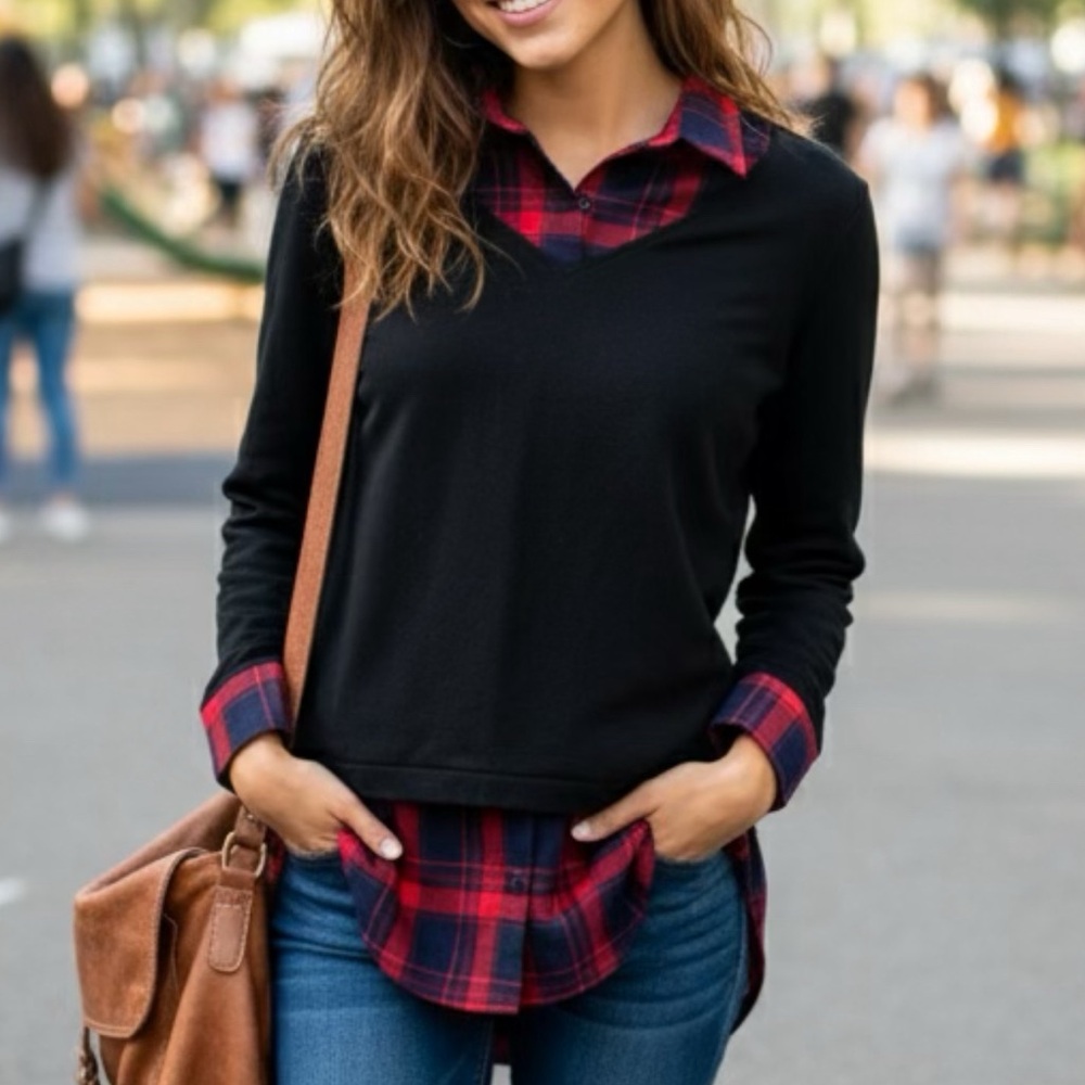 NWT Women’s DJT Plaid Layered Black and Red Women's Top size S Small